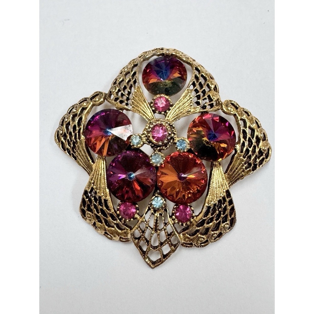 Heliotrope Brooch Rivoli Rhinestones Magenta Orange Gold Tone Vintage
